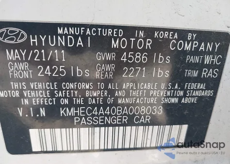 2011 Hyundai Sonata Hybrid z USA, uszkodzony, nr VIN KMHEC4A40BA008033